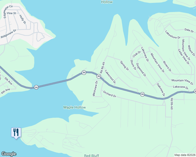 map of restaurants, bars, coffee shops, grocery stores, and more near 3721 Highway 86 in Ridgedale
