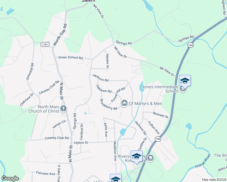 map of restaurants, bars, coffee shops, grocery stores, and more near 129 Oaklawn Road in Mount Airy
