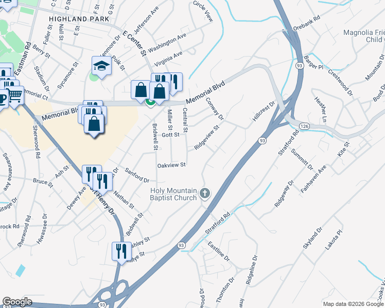 map of restaurants, bars, coffee shops, grocery stores, and more near 3203 Ridgeview Street in Kingsport