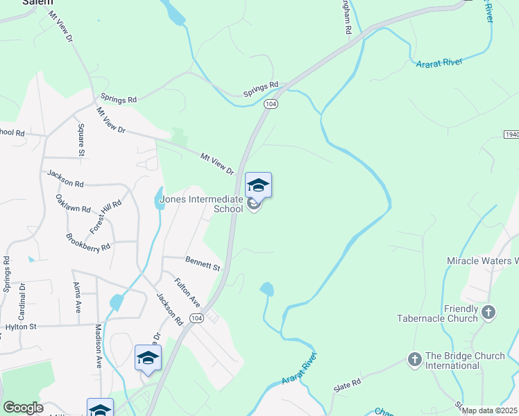 map of restaurants, bars, coffee shops, grocery stores, and more near 2170 Riverside Drive in Mount Airy