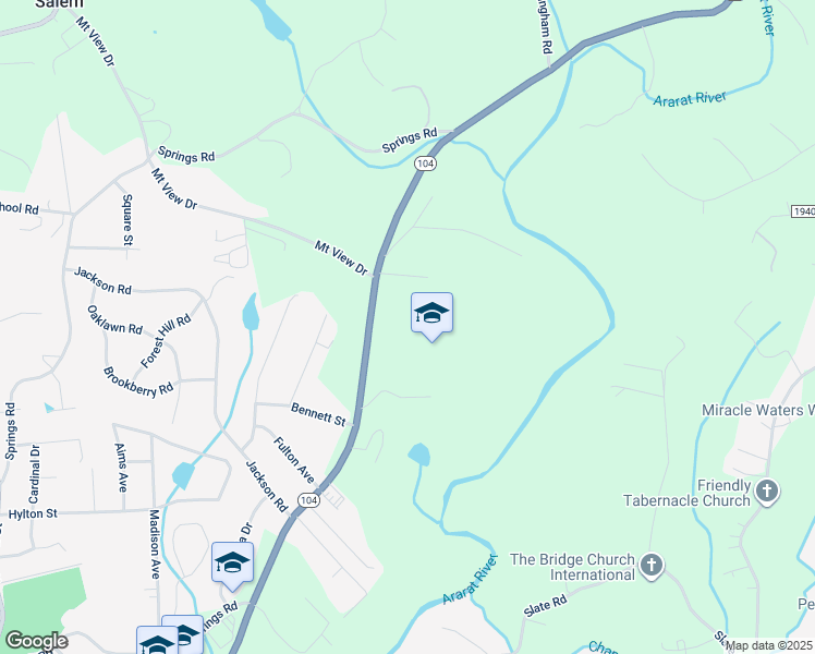 map of restaurants, bars, coffee shops, grocery stores, and more near 2170 Riverside Drive in Mount Airy