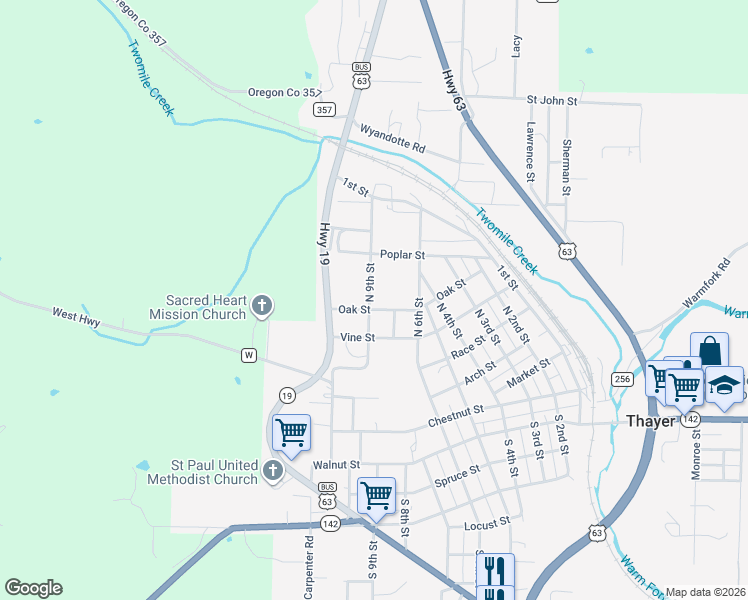 map of restaurants, bars, coffee shops, grocery stores, and more near 516 North 9th Street in Thayer