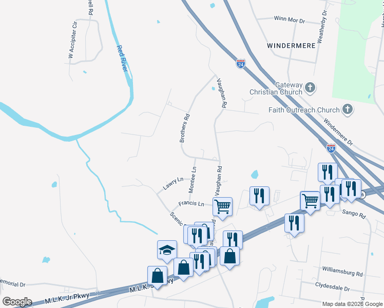 map of restaurants, bars, coffee shops, grocery stores, and more near 2861 Brothers Road in Clarksville