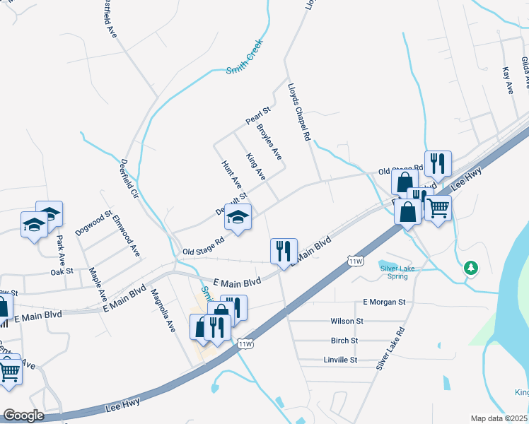 map of restaurants, bars, coffee shops, grocery stores, and more near 400 Old Stage Road in Church Hill