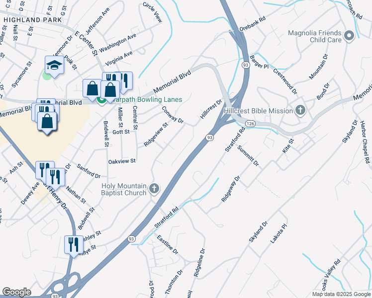 map of restaurants, bars, coffee shops, grocery stores, and more near 3249 Ashley Street in Kingsport