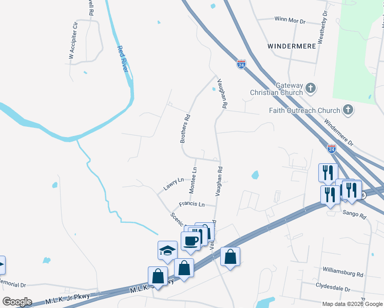 map of restaurants, bars, coffee shops, grocery stores, and more near 2861 Brothers Road in Clarksville