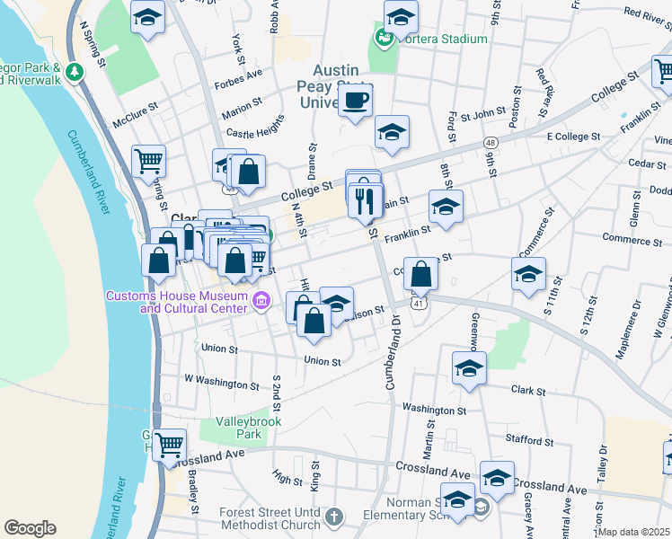 map of restaurants, bars, coffee shops, grocery stores, and more near in Clarksville