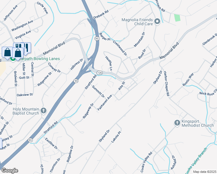 map of restaurants, bars, coffee shops, grocery stores, and more near 804 Milton Court in Kingsport