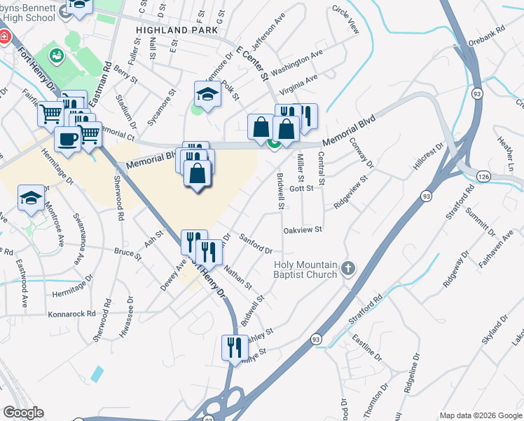 map of restaurants, bars, coffee shops, grocery stores, and more near 1520 Monterey Avenue in Kingsport