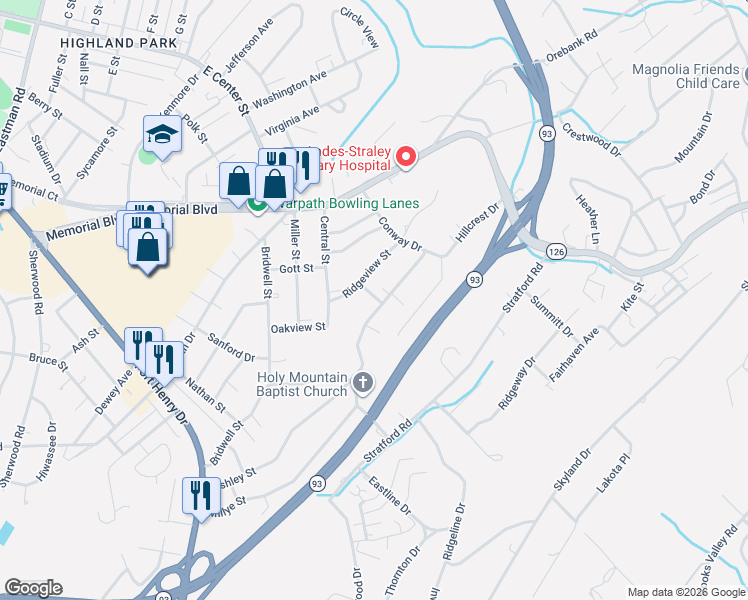 map of restaurants, bars, coffee shops, grocery stores, and more near 3220 Ashley Street in Kingsport