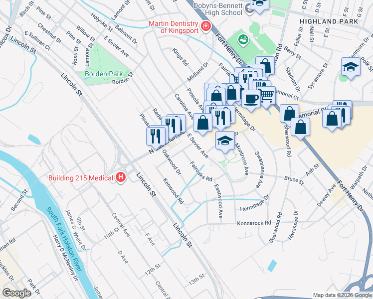 map of restaurants, bars, coffee shops, grocery stores, and more near 816 Oakdale Road in Kingsport