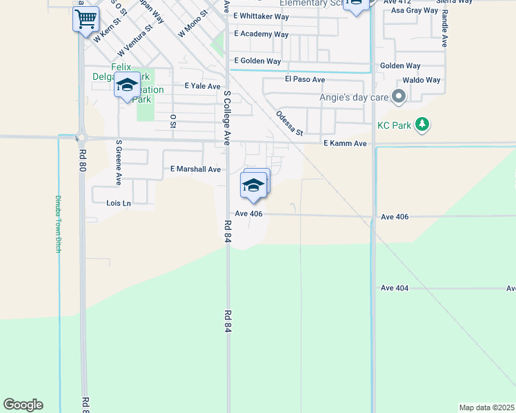 map of restaurants, bars, coffee shops, grocery stores, and more near 8470 Avenue 406 in Dinuba