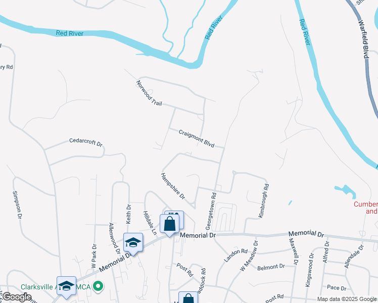 map of restaurants, bars, coffee shops, grocery stores, and more near 361 Hampshire Drive in Clarksville