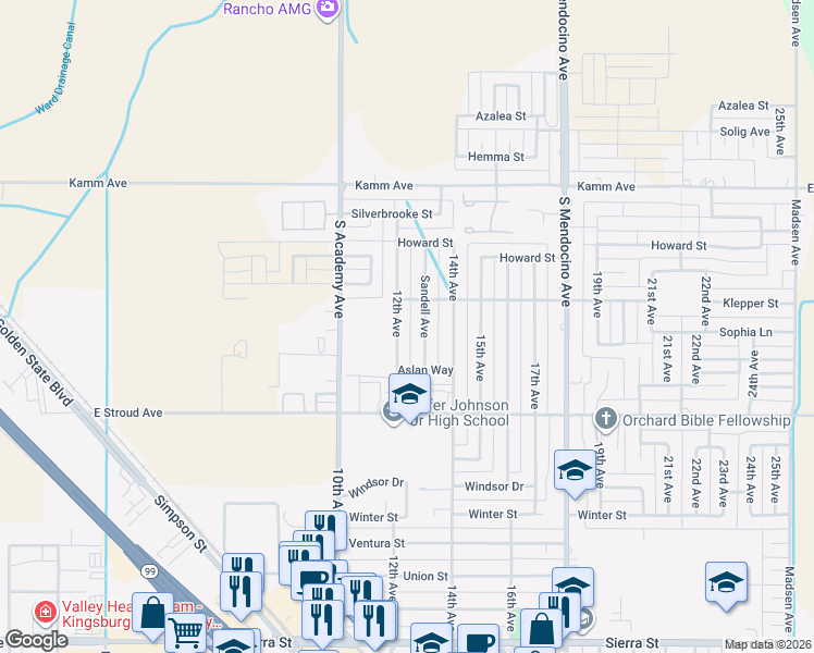 map of restaurants, bars, coffee shops, grocery stores, and more near 2578 12th Ave in Kingsburg