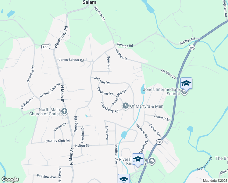 map of restaurants, bars, coffee shops, grocery stores, and more near 129 Oaklawn Road in Mount Airy