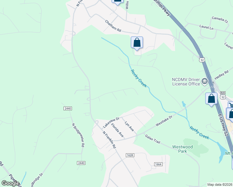 map of restaurants, bars, coffee shops, grocery stores, and more near 204 Lewis Drive in Mount Airy