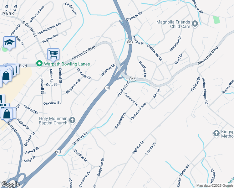 map of restaurants, bars, coffee shops, grocery stores, and more near 1789 Stratford Road in Kingsport