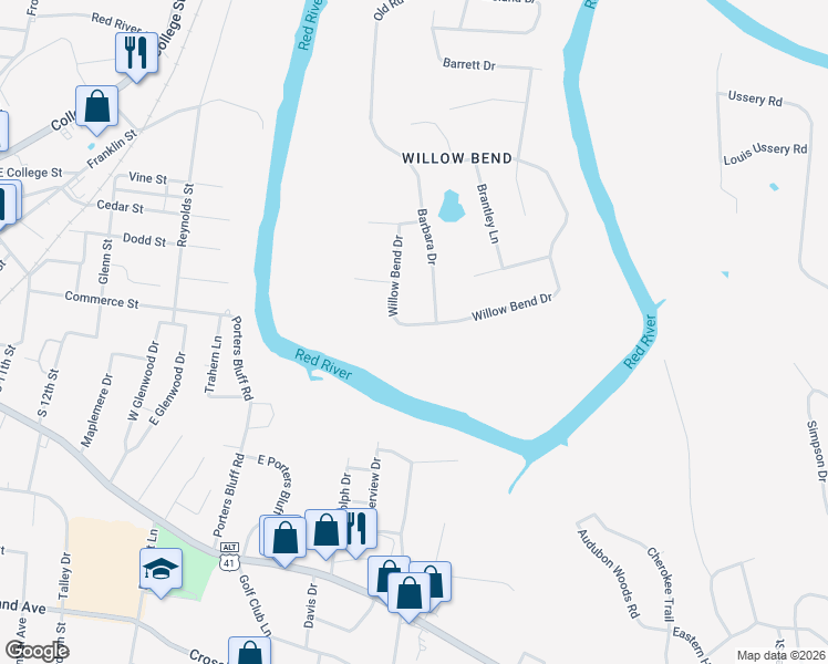 map of restaurants, bars, coffee shops, grocery stores, and more near 1190 Willow Bend Drive in Clarksville