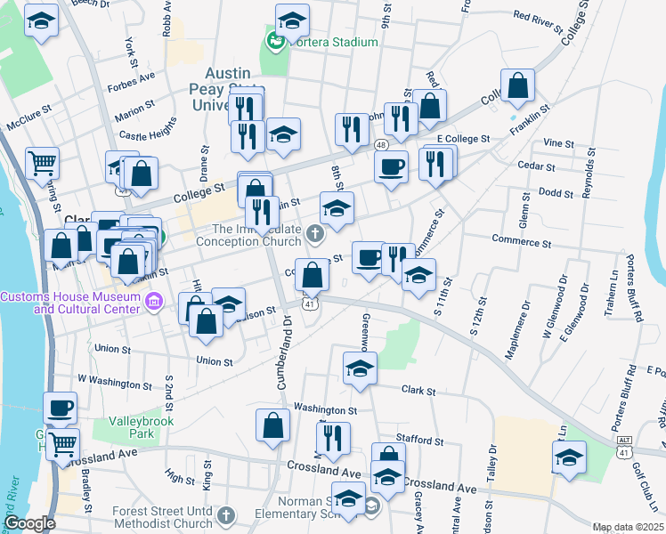 map of restaurants, bars, coffee shops, grocery stores, and more near 726 Commerce Street in Clarksville