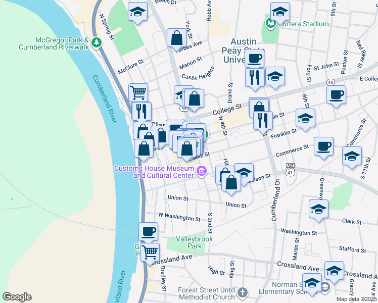 map of restaurants, bars, coffee shops, grocery stores, and more near 111 Strawberry Alley in Clarksville