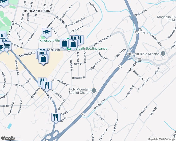 map of restaurants, bars, coffee shops, grocery stores, and more near 3203 Ridgeview Street in Kingsport
