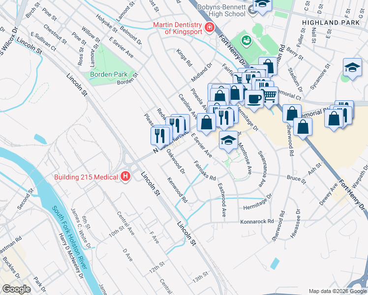 map of restaurants, bars, coffee shops, grocery stores, and more near 816 Oakdale Road in Kingsport
