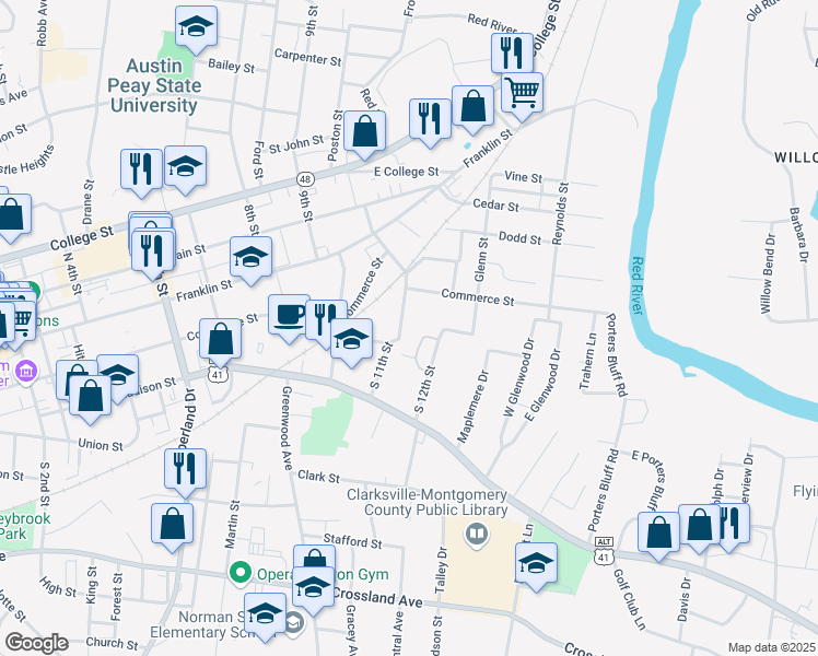 map of restaurants, bars, coffee shops, grocery stores, and more near 319 South 11th Street in Clarksville