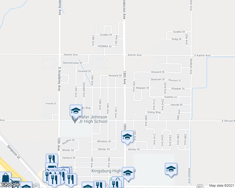 map of restaurants, bars, coffee shops, grocery stores, and more near 2526 17th Avenue in Kingsburg