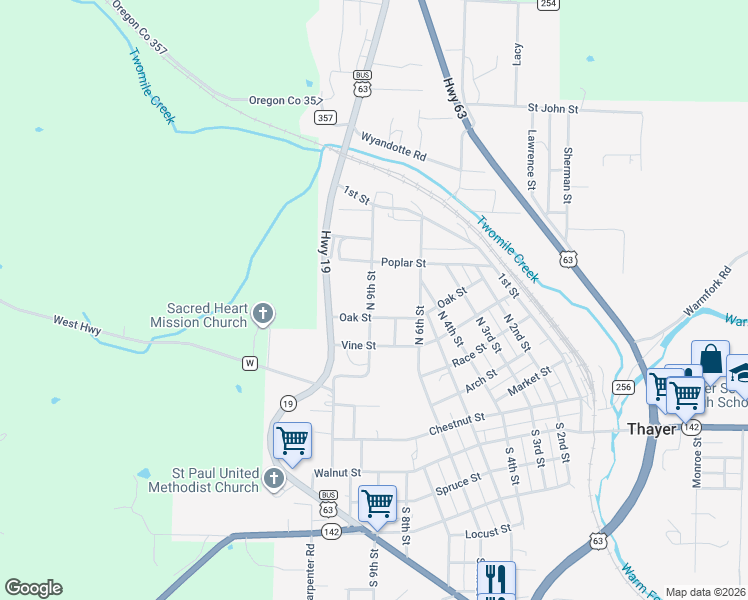 map of restaurants, bars, coffee shops, grocery stores, and more near 516 North 9th Street in Thayer