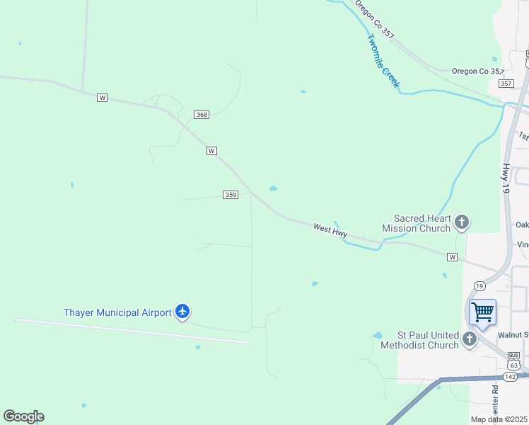 map of restaurants, bars, coffee shops, grocery stores, and more near 1283 RR 1 in Thayer