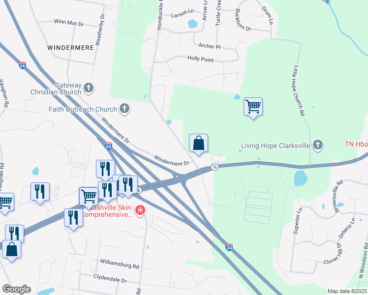map of restaurants, bars, coffee shops, grocery stores, and more near 673 Hornbuckle Road in Clarksville