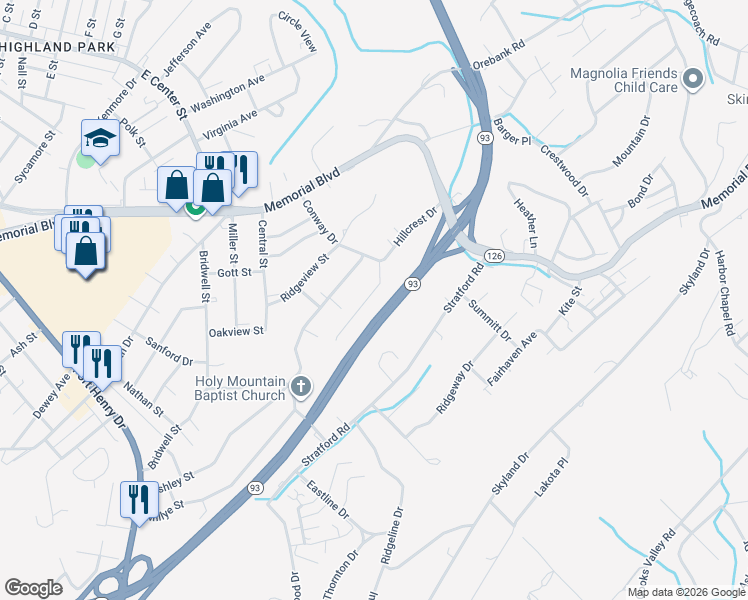 map of restaurants, bars, coffee shops, grocery stores, and more near North John B Dennis Highway in Kingsport