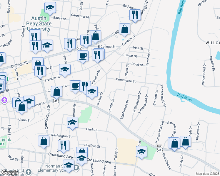 map of restaurants, bars, coffee shops, grocery stores, and more near 319 South 11th Street in Clarksville