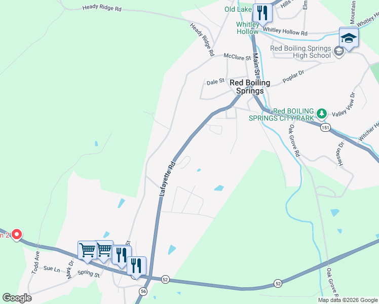 map of restaurants, bars, coffee shops, grocery stores, and more near 142 Kinnebrew Drive in Red Boiling Springs