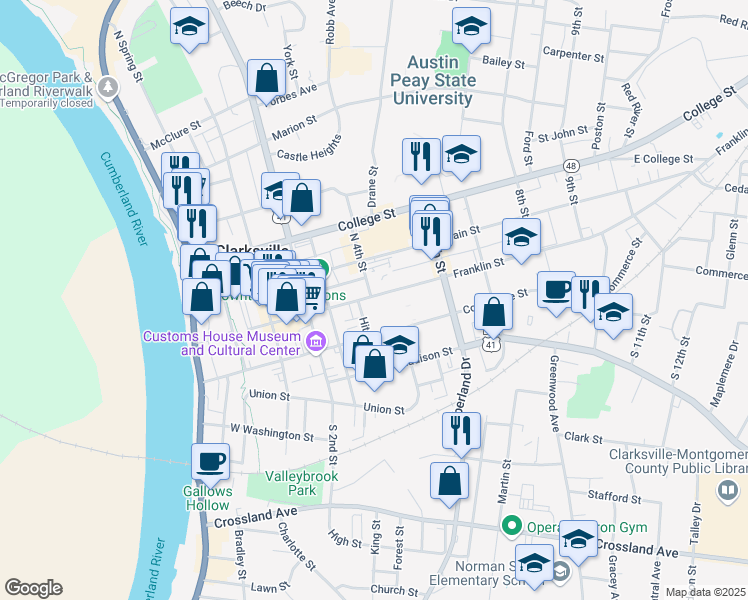 map of restaurants, bars, coffee shops, grocery stores, and more near 416 Franklin Street in Clarksville