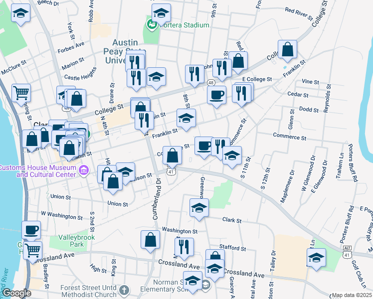 map of restaurants, bars, coffee shops, grocery stores, and more near 726 Commerce Street in Clarksville
