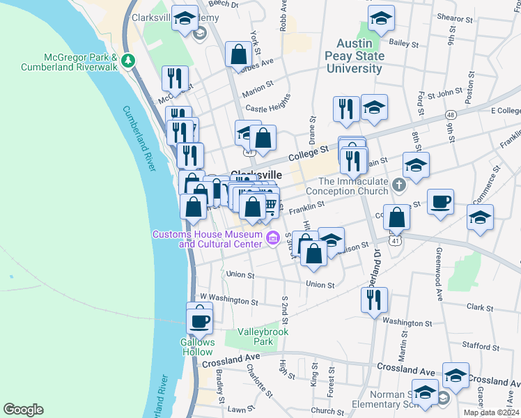 map of restaurants, bars, coffee shops, grocery stores, and more near 200 Legion Street in Clarksville