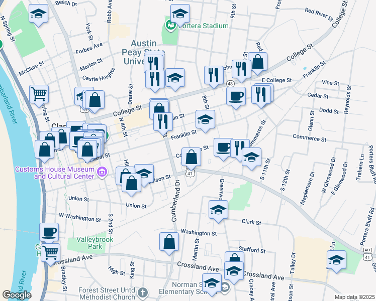 map of restaurants, bars, coffee shops, grocery stores, and more near 128 South 7th Street in Clarksville