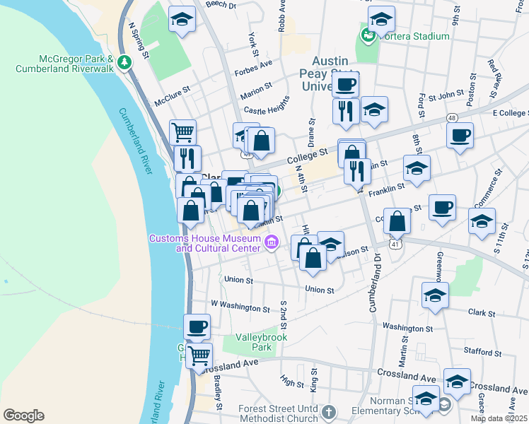 map of restaurants, bars, coffee shops, grocery stores, and more near 201 Legion Street in Clarksville