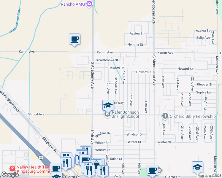map of restaurants, bars, coffee shops, grocery stores, and more near 2578 12th Avenue in Kingsburg