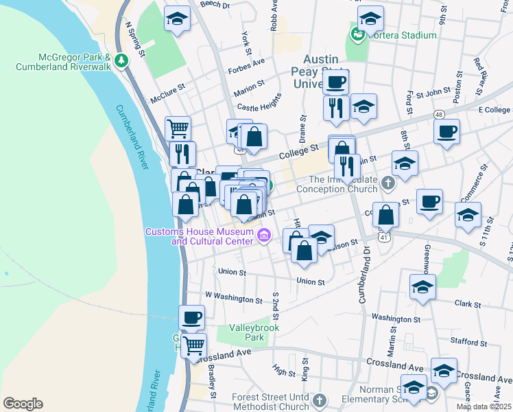 map of restaurants, bars, coffee shops, grocery stores, and more near 201 Legion Street in Clarksville