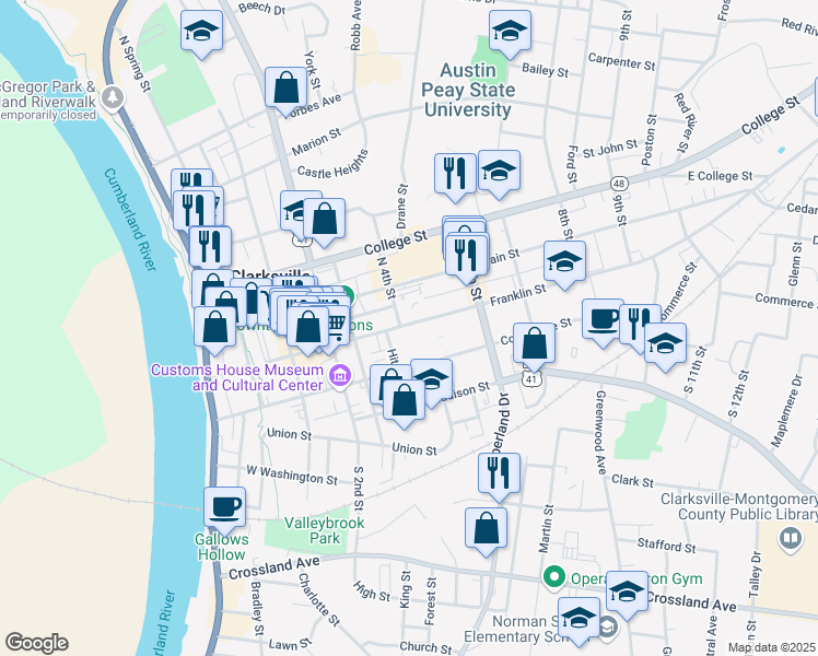 map of restaurants, bars, coffee shops, grocery stores, and more near 422 Franklin Street in Clarksville