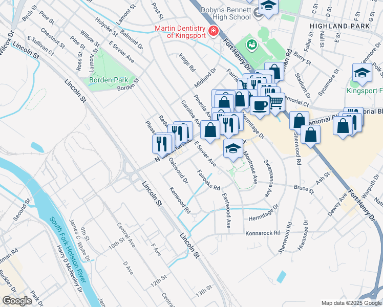 map of restaurants, bars, coffee shops, grocery stores, and more near 824 Oakdale Road in Kingsport