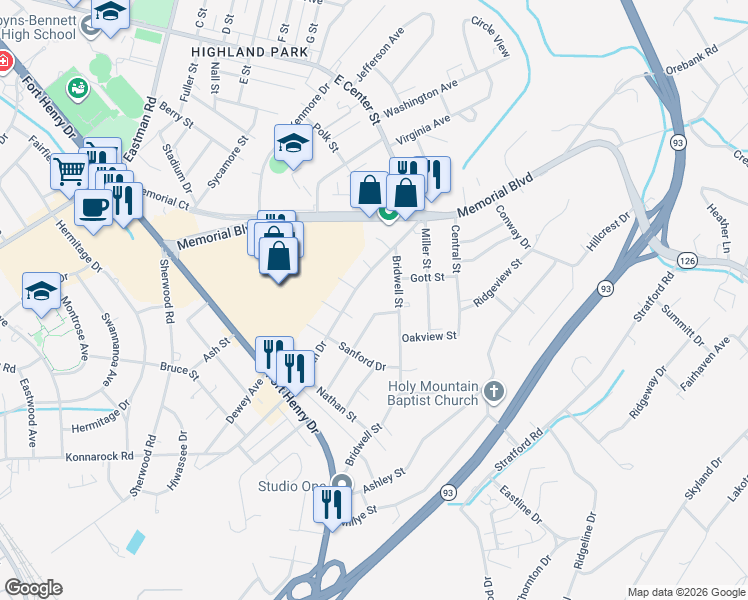 map of restaurants, bars, coffee shops, grocery stores, and more near 1520 Monterey Avenue in Kingsport