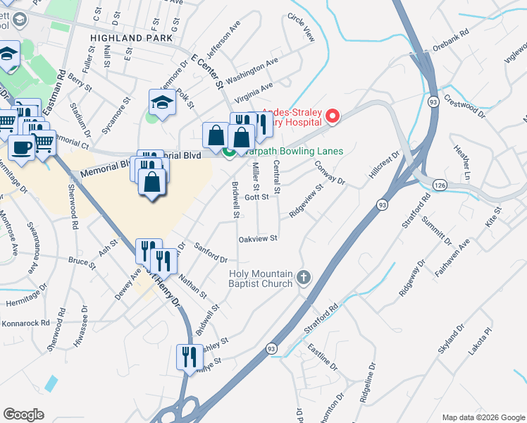 map of restaurants, bars, coffee shops, grocery stores, and more near 1429 Miller Street in Kingsport