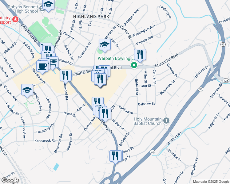 map of restaurants, bars, coffee shops, grocery stores, and more near 2305 Tacoma Road in Kingsport
