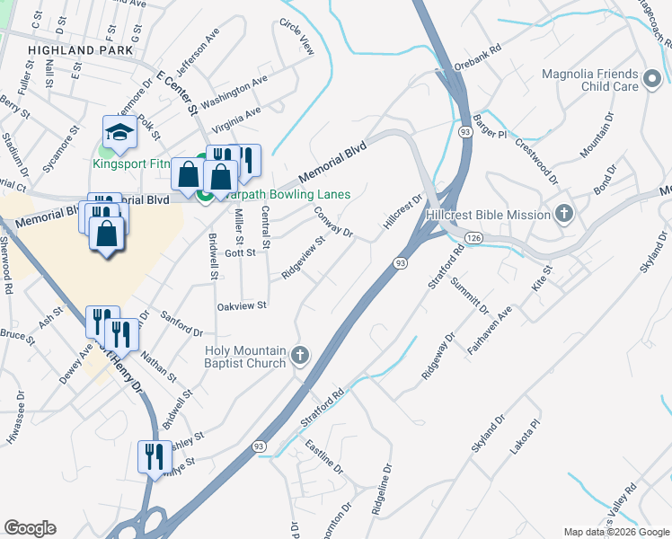 map of restaurants, bars, coffee shops, grocery stores, and more near 3249 Ashley Street in Kingsport
