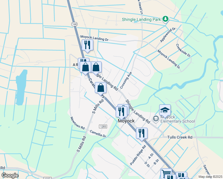 map of restaurants, bars, coffee shops, grocery stores, and more near 158 Shingle Landing Road in Moyock