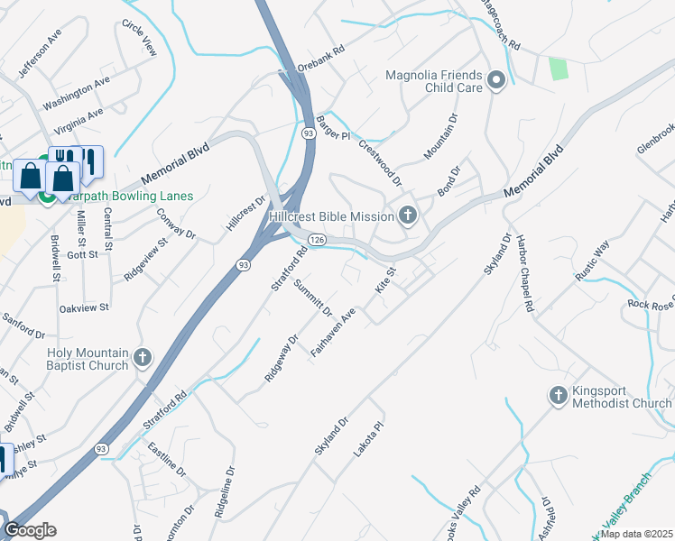 map of restaurants, bars, coffee shops, grocery stores, and more near 804 Milton Court in Kingsport
