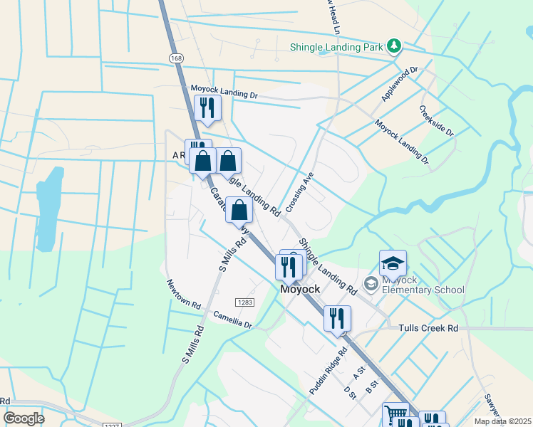 map of restaurants, bars, coffee shops, grocery stores, and more near 158 Shingle Landing Road in Moyock